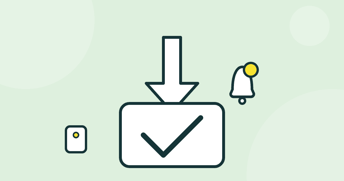 Illustration of a download arrow landing in a tray with a notification bell