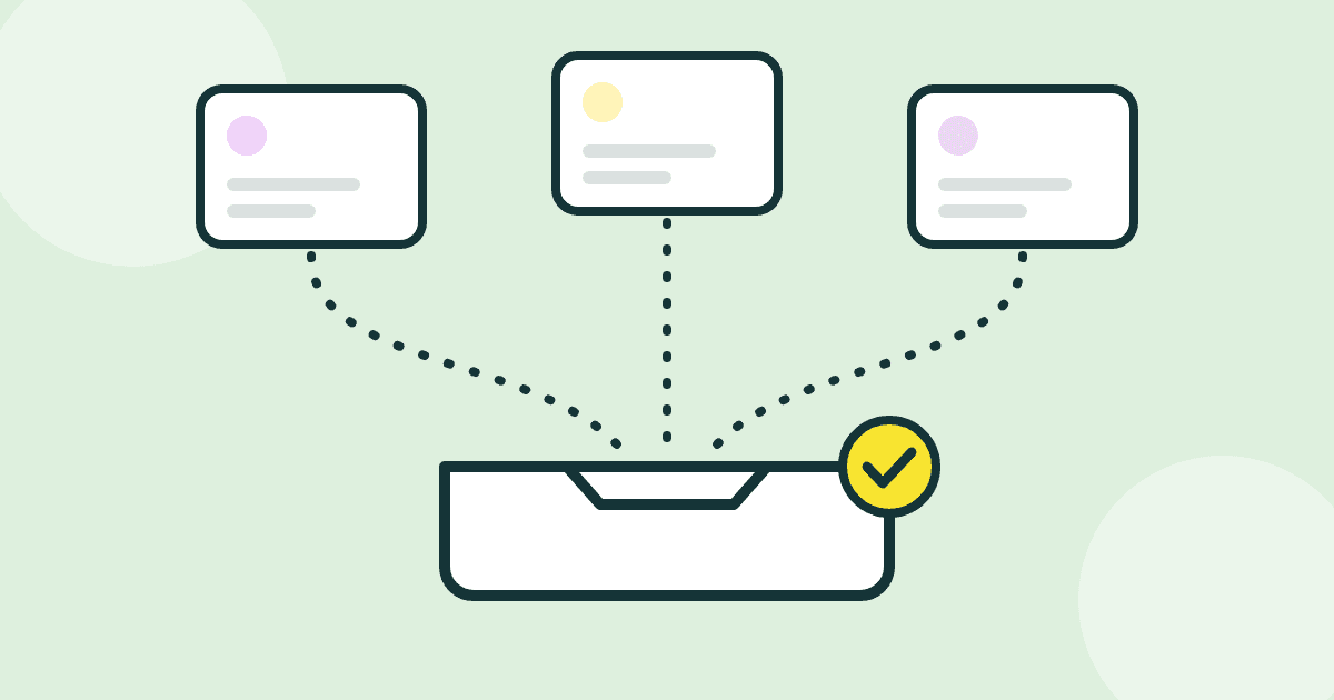 Illustration of files from multiple people arriving in one inbox