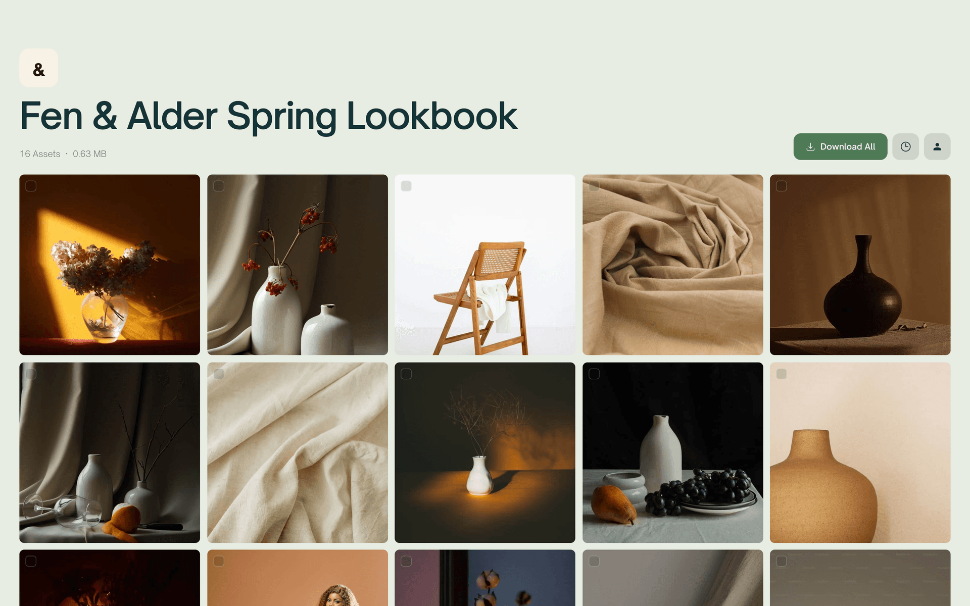 A sage green gallery page with square photo tiles and a leaf green download button
