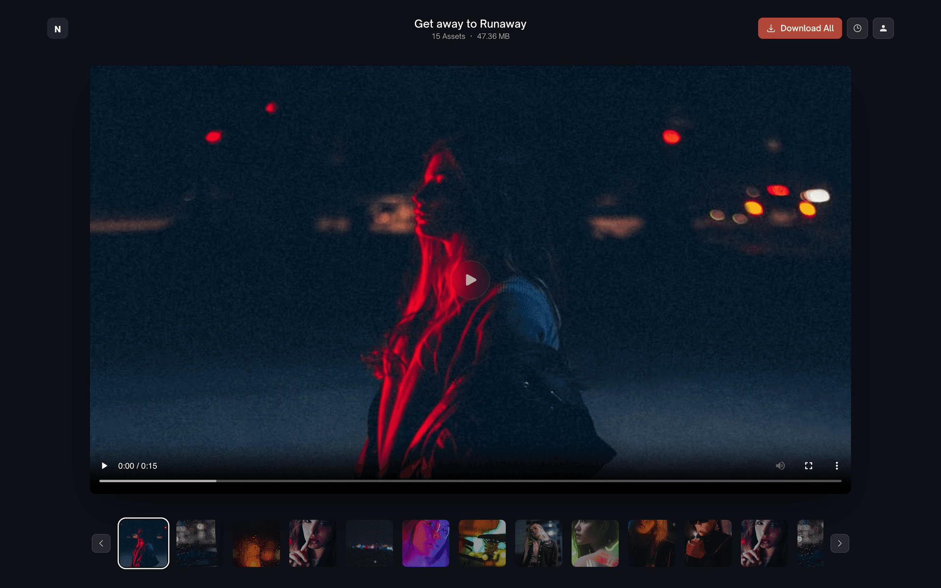 A dark Reel delivery page playing one clip large, with a thumbnail strip of the other takes underneath