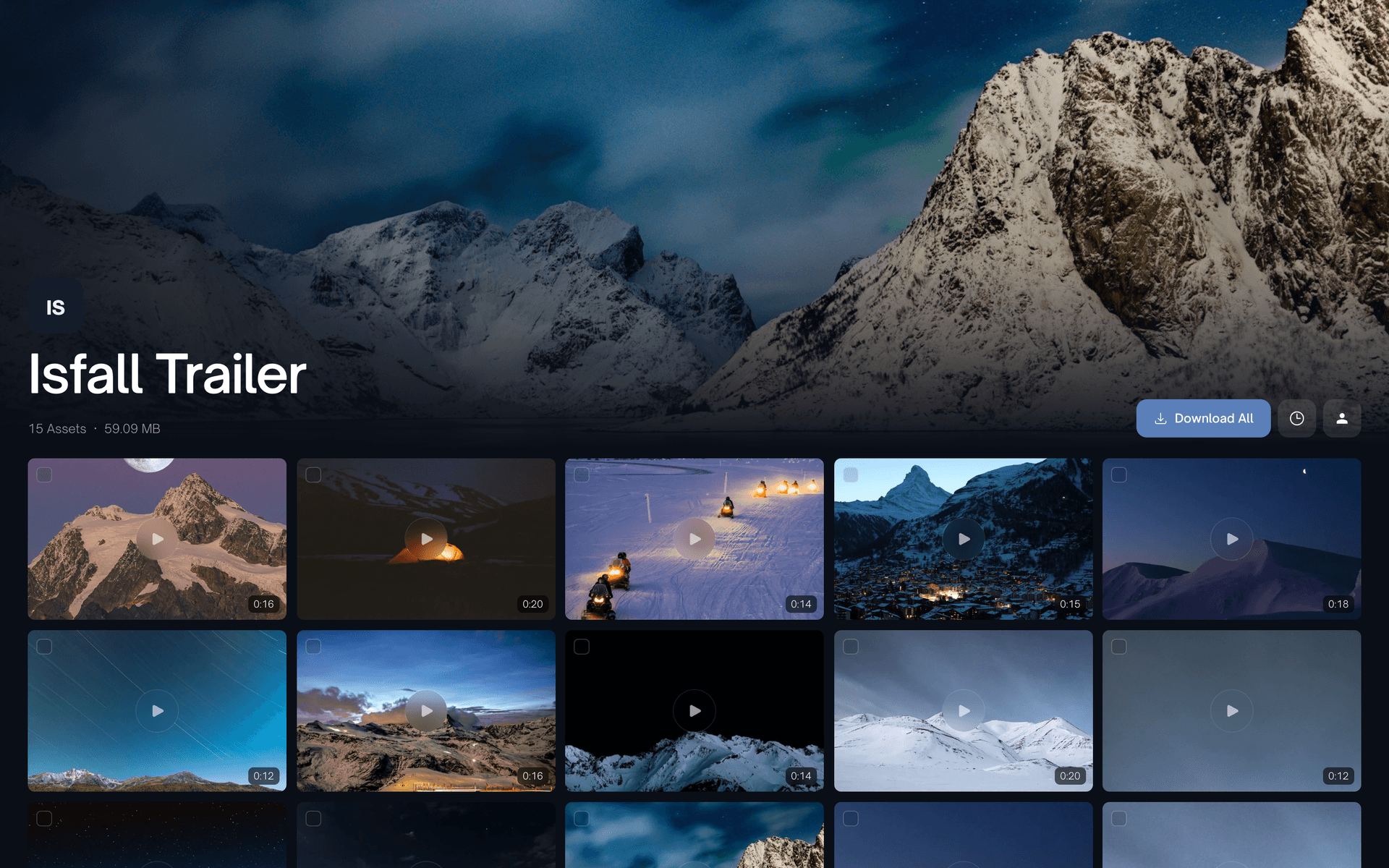 A dark branded delivery page for trailer selects, with a glacier cover photo and duration chips on every video tile