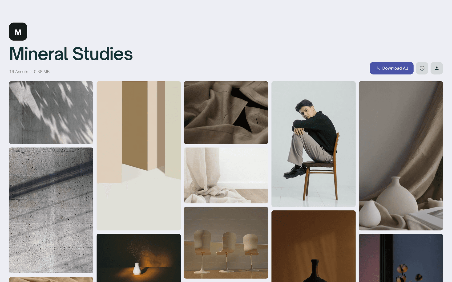 A light Masonry gallery page in a studio's lavender white, with photos flowing at their own proportions