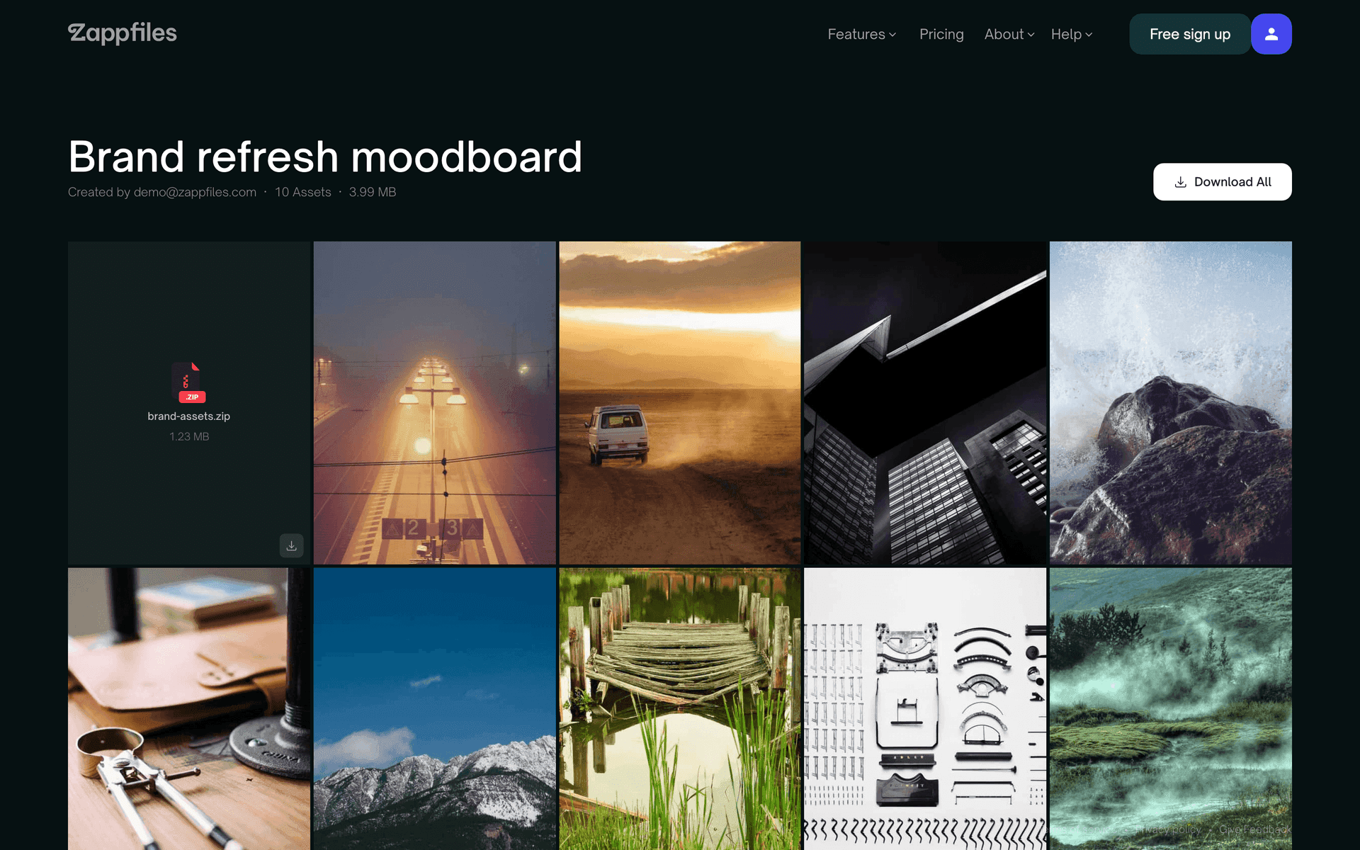 A dark ZappFiles download page template showing a brand moodboard with edge to edge image previews