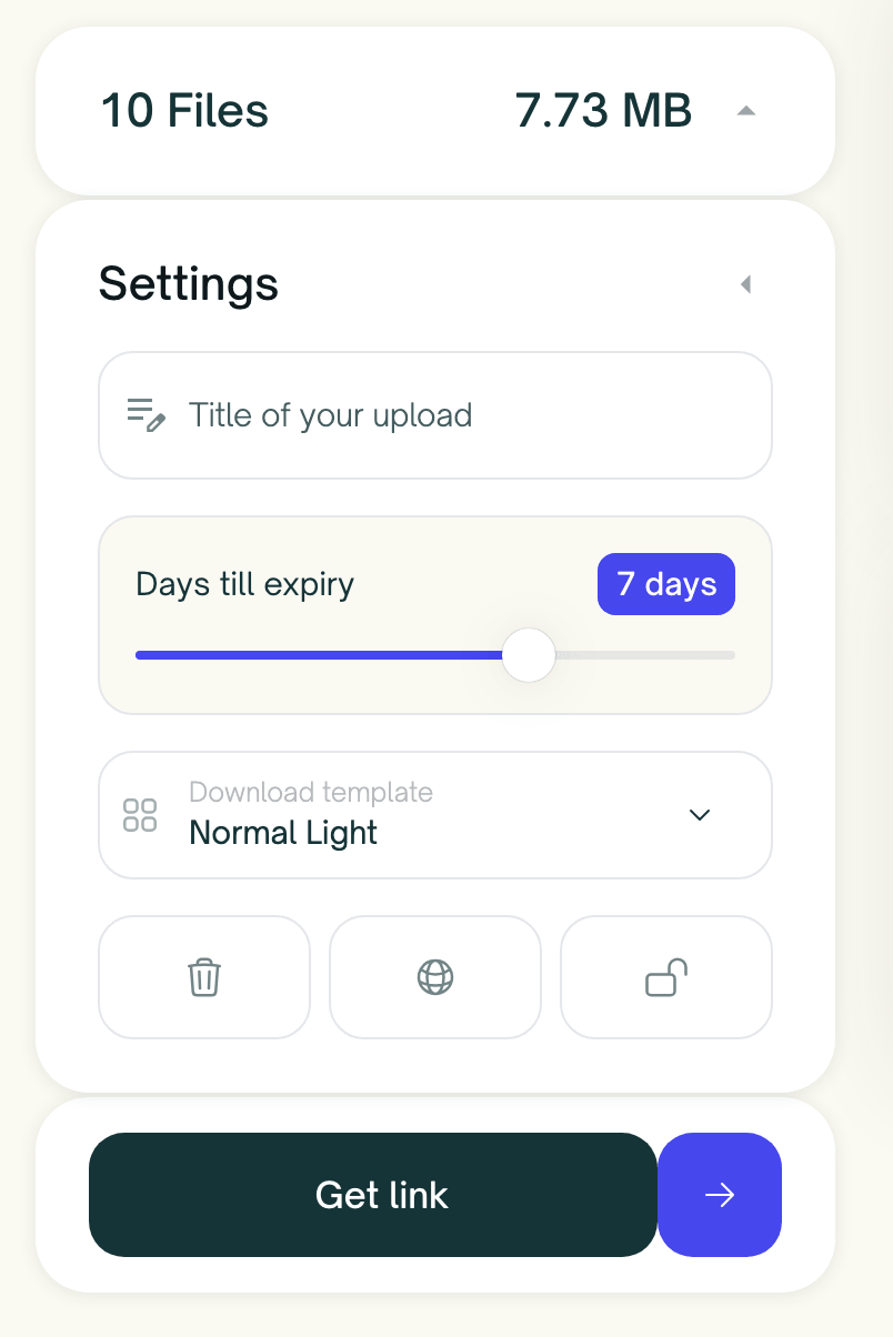 The ZappFiles upload settings panel with a title field, days till expiry slider, download template picker, and a Get link button