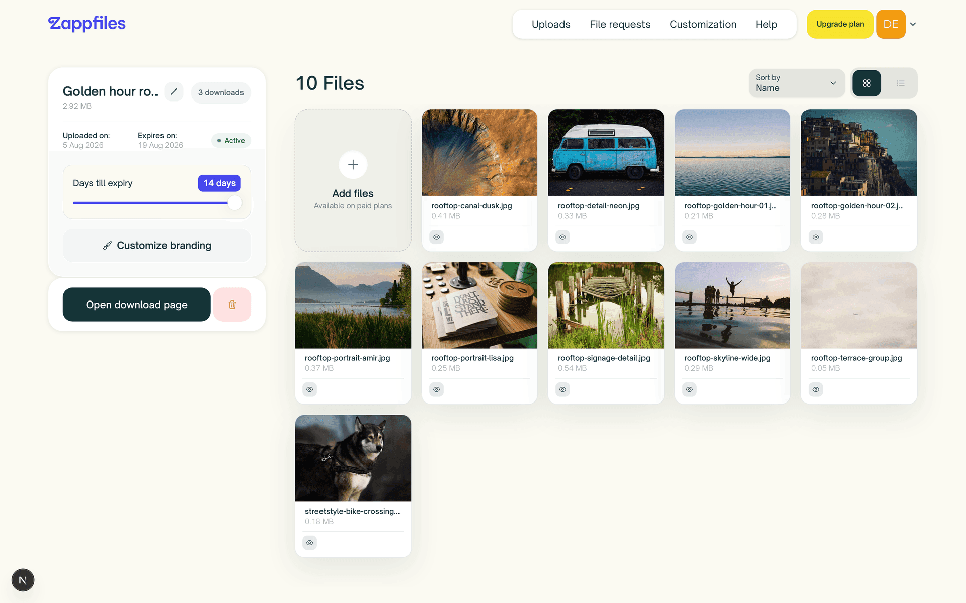 A ZappFiles transfer detail page with an editable title, days till expiry, an add files tile, and a grid of file previews