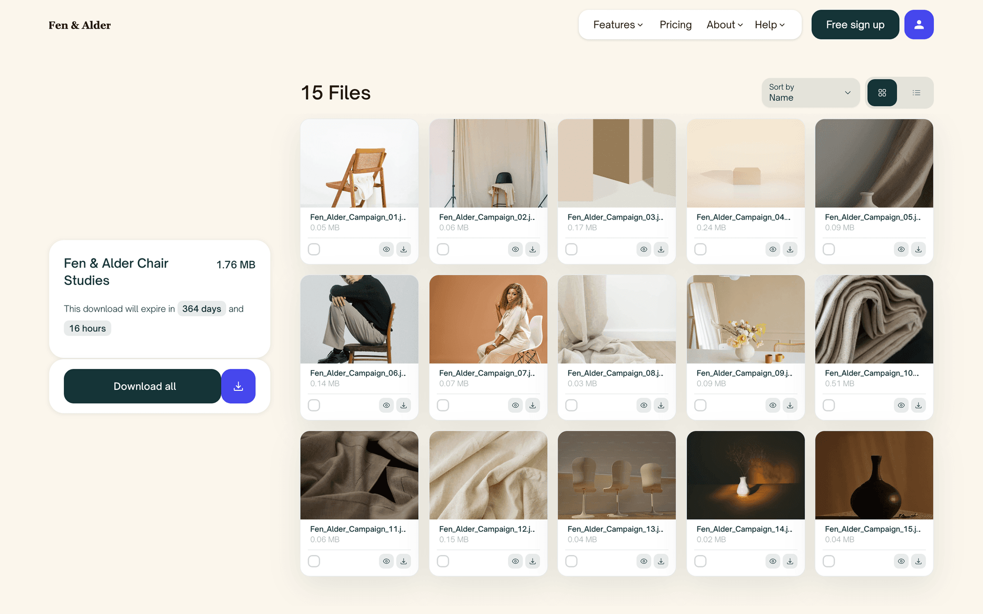The Classic download page appearance in a furniture brand's warm cream, with white file cards and a caramel palette