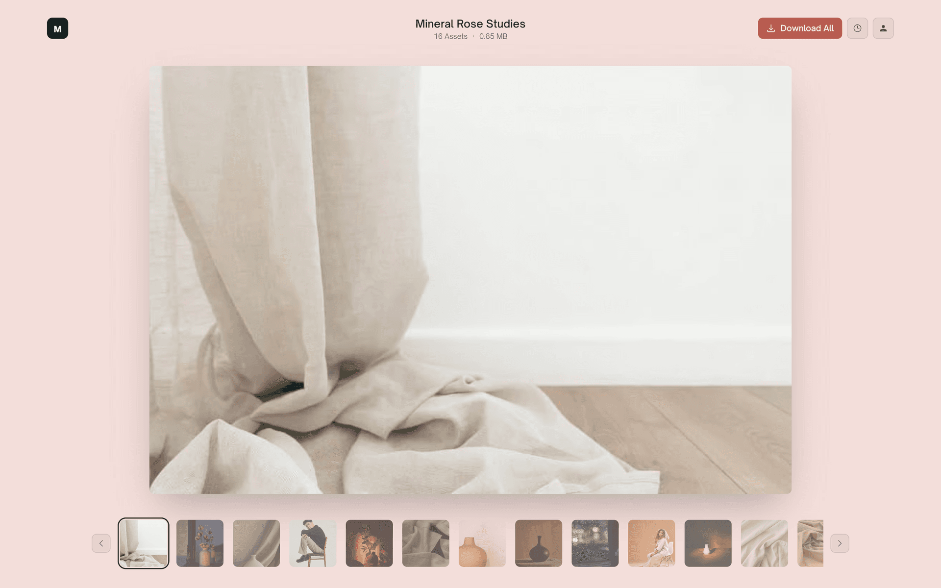A Reel download page in a studio's blush pink, with dark text and a clay red download button