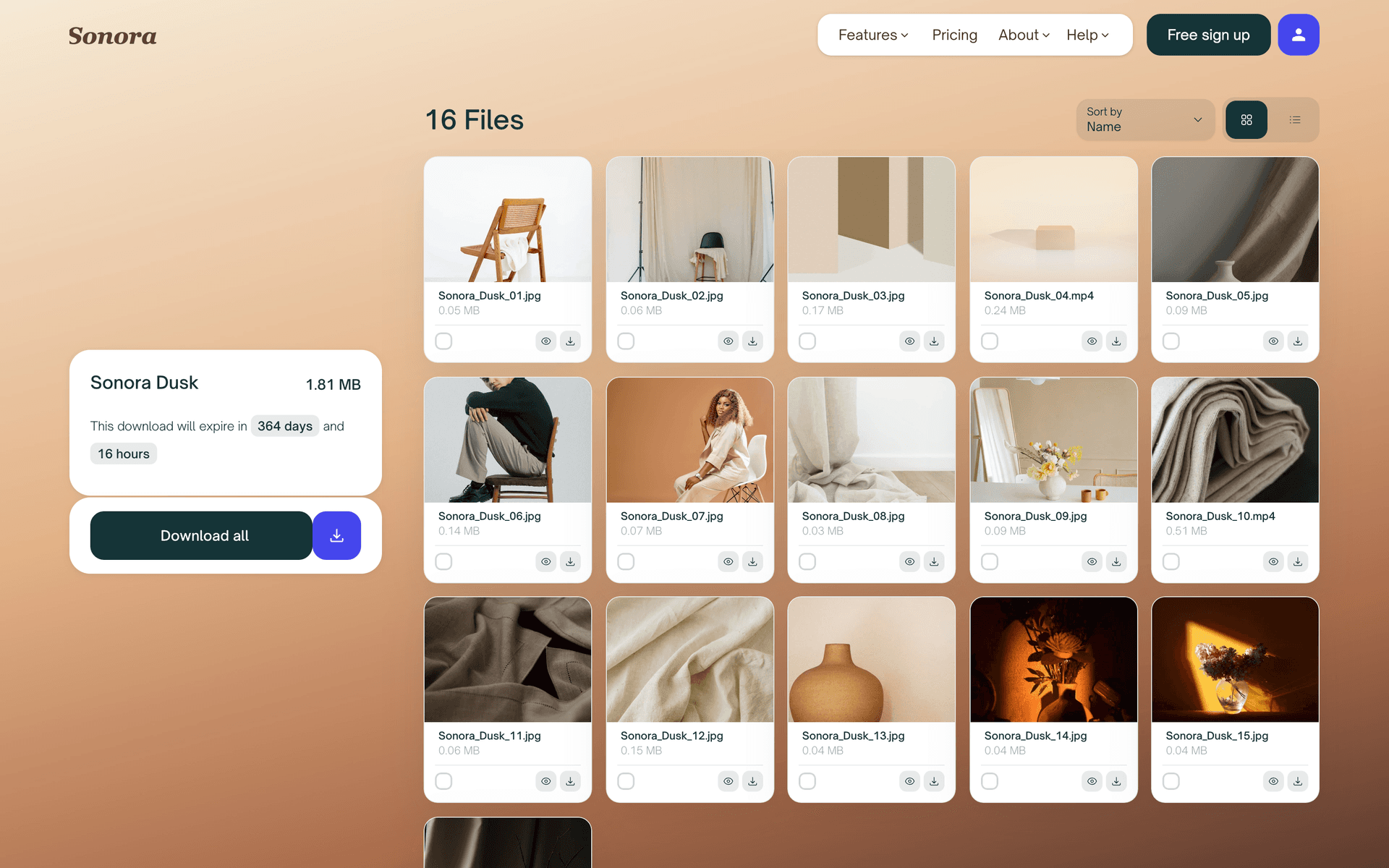 A Classic download page with a warm dusk gradient photo behind floating white file cards